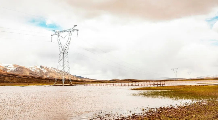 ▲西藏阿里噶尔县、海拔4700米沼泽地组立铁塔。