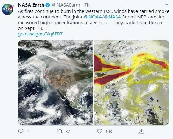 当地时间9月13日，NASA公布了美国西部山火的卫星图像。在风力作用下，大火燃烧产生的烟雾席卷了整个大陆。图片来源：NASA Earth