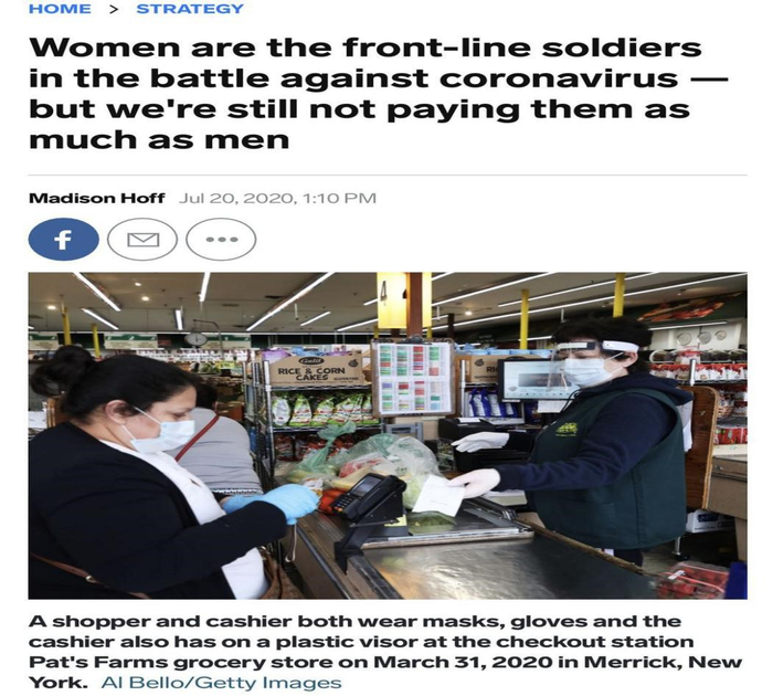 《商业内幕》称，女性是抗击新冠疫情的一线战士，但美国给她们的报酬仍然不及男性