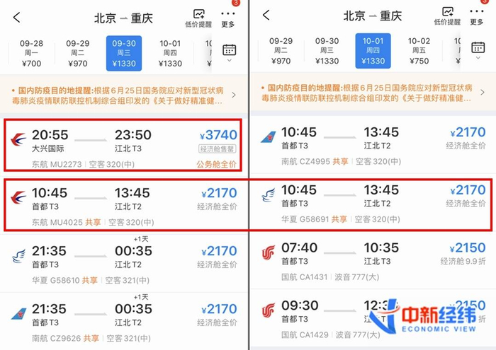  9月30日、10月1日北京到重庆经济舱机票最高价。数据来源：携程旅行APP