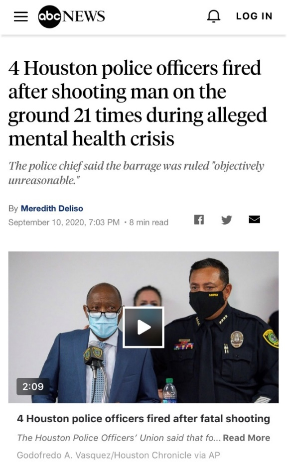 　　△据ABC新闻报道，此前，休斯敦4名警察向一名精神不正常的男子射击21枪。