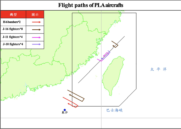 歼-16从南部、北部进入台军空域、歼-10和歼-11进入台湾中北部空域，轰-6进入台湾南部空域 图源：台军