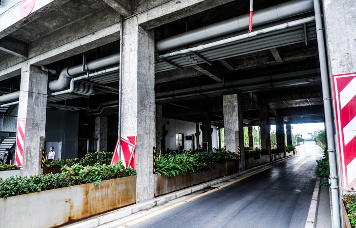 “绿之丘”实现跨路立交，底下可供车辆通行    吴斯洁摄