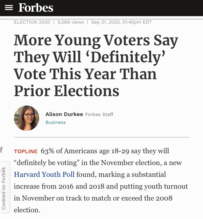 △《福布斯》称，更多的年轻选民将在今年投票