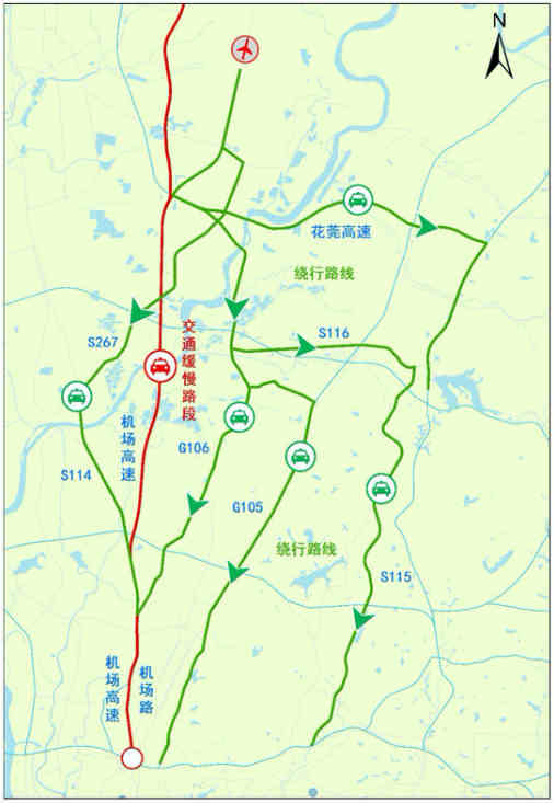 　　机场旅客返程绕行图。来源：“广州交警”微信号