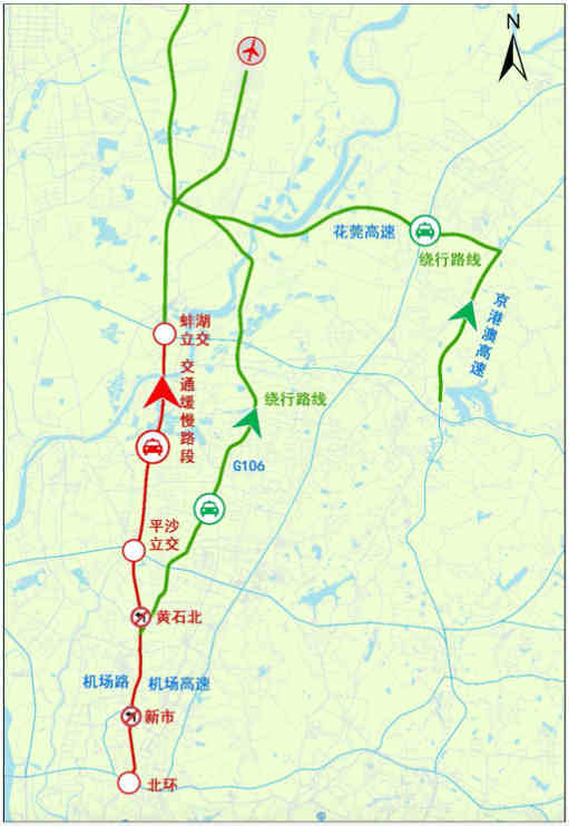 　　机场高速管控措施及绕行图。来源：“广州交警”微信号