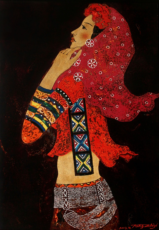 汤志义作漆画“惠安新娘”2013年