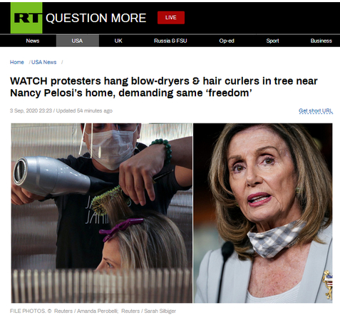 ▲ RT：抗议者将吹风机和卷发棒悬挂在佩洛西家附近的树上，要求享受同样“自由”