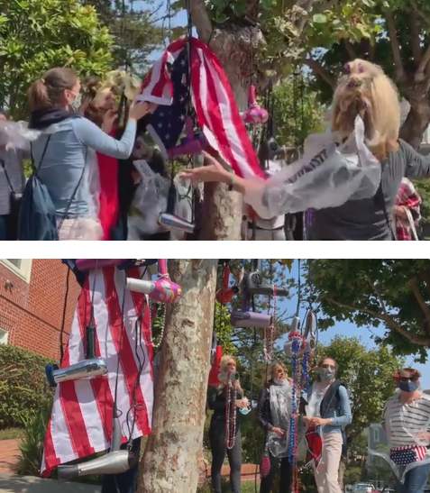 ▲ 抗议者在佩洛西家附近树上挂吹风机 图源：社交媒体
