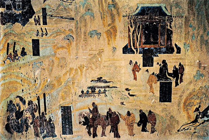 张骞出使西域图（敦煌第323窑）。汉代张骞于公元前138年和119年两次出使西域，使得“胡风”吹进中原，“汉俗”传入西域，一个文化大交流的时代自此开始。