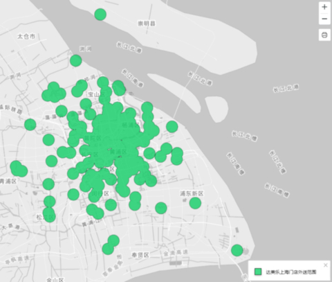 ▲ 达美乐在上海的配送覆盖面（以单店周边2公里为配送距离）
