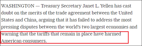 “仍在加征的关税损害了美国消费者的利益”，《纽约时报》报道截图
