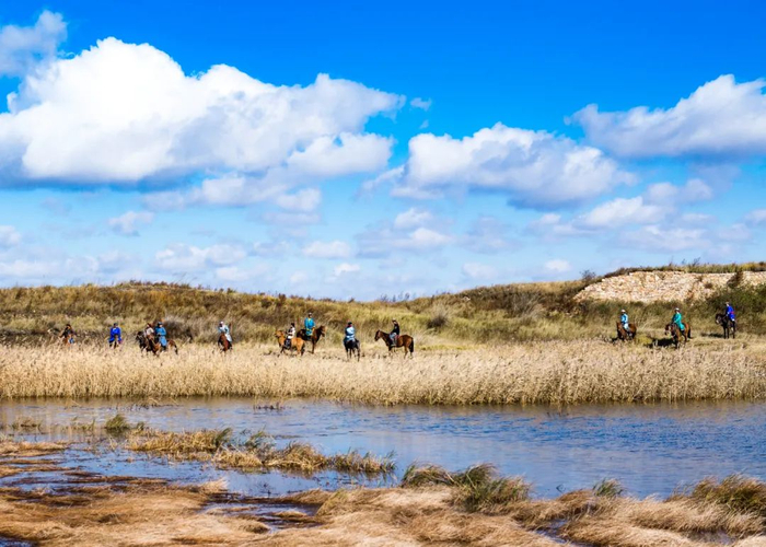 金黄的草原、映照着蓝天的湿地景观、策马奔腾的牧民，仿若一幅油画。管永新 摄