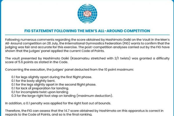  国际体联公布打分细则，表示判罚无误。