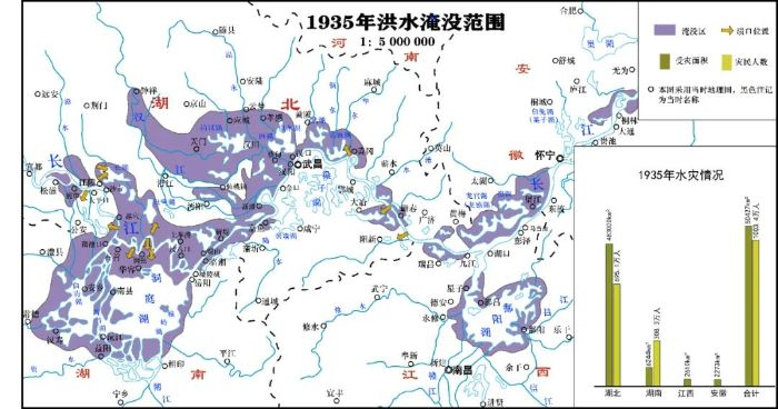 　　▲1935年洪水淹没范围（根据长江水利委员会供图绘制）  制图：田逸哲