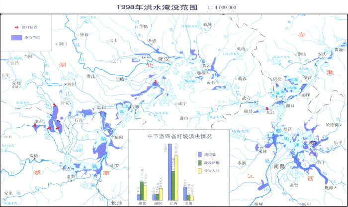　　▲1998年洪水淹没范围  图片来源：长江水利委员会