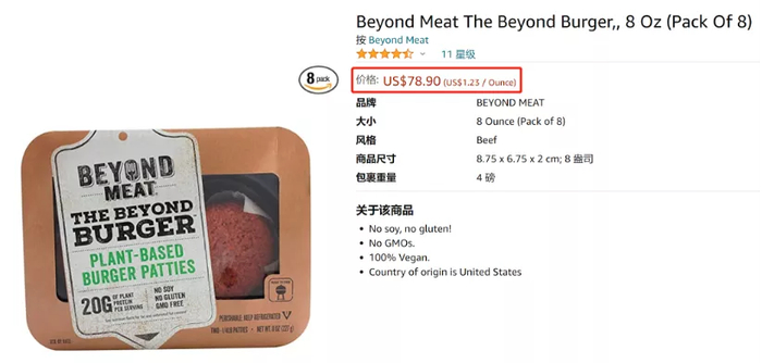 图：Beyond Meat植物肉价格；资料来源：亚马逊官网