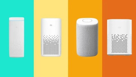 △ 小米无屏音箱组队，从左到右：小米 AI 音箱（初代）、小爱音箱、小米小爱音箱 HD、小米小爱音箱 Play