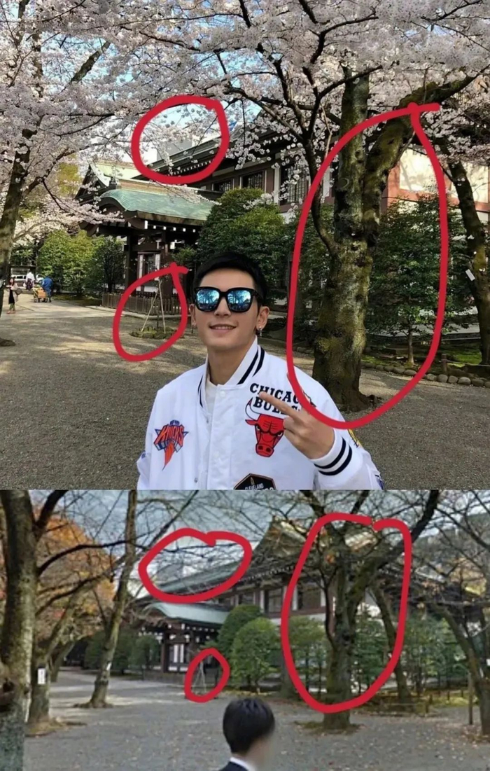 ·在“打卡”靖国神社的照片中，张哲瀚面对镜头微笑，并用手比出“胜利”的手势。