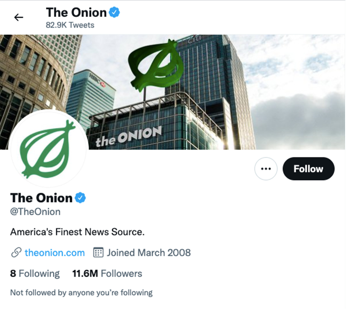洋葱新闻在2008年开通了twitter账号，目前粉丝破千万。图片来源：Twitter@The Onion