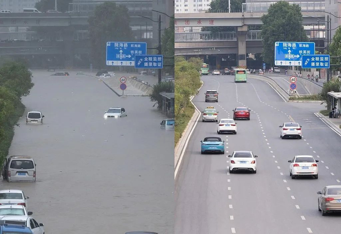 　　左图：7月20日，郑州京广路陇海路水深已没过轿车顶部，此时隧道尚未灌满