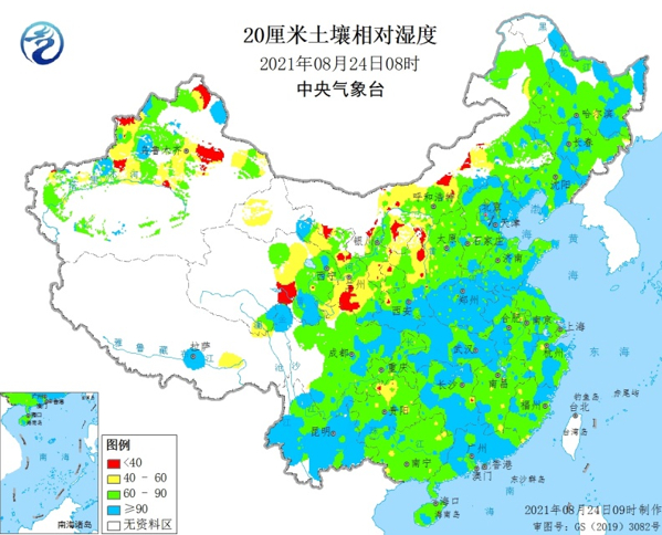 8月24日8时，20厘米土壤相对湿度。 来源：中央气象台