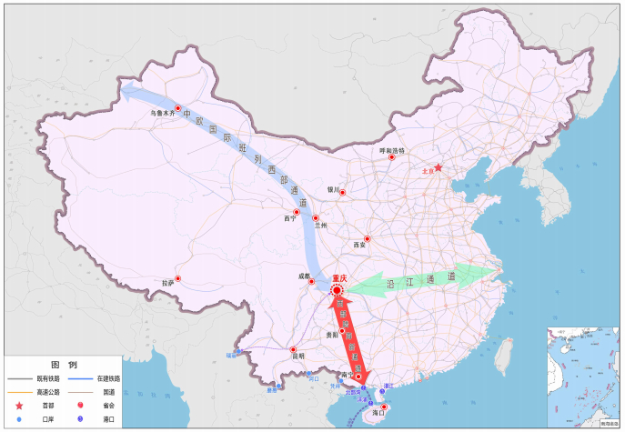 西部陆海新通道地理位置示意图（全国）