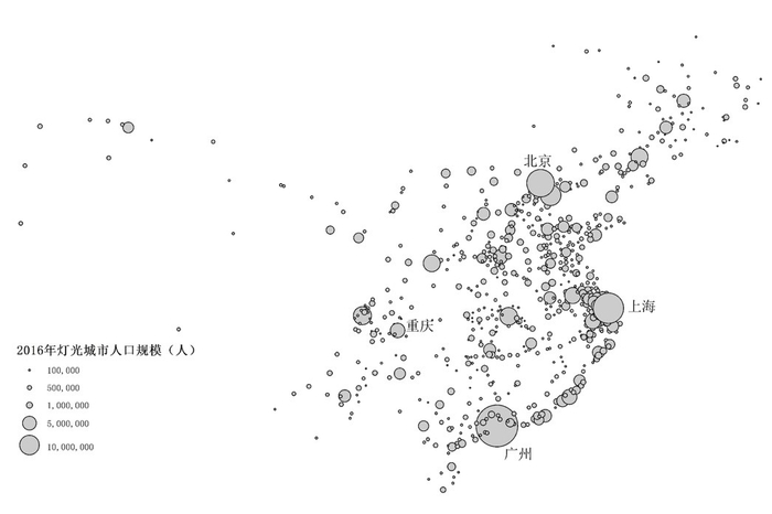 图1． 2016年“灯光城市”分布注：未包括人口数少于5万的“灯光城市”，也未包括港澳台地区和南海诸岛。