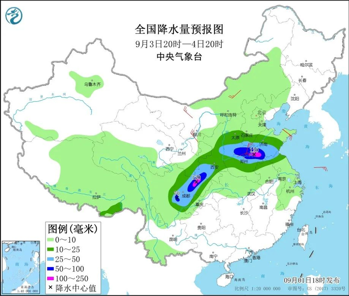 图3 全国降水量预报图（9月3日20时-4日20时）