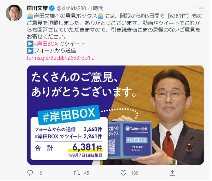 岸田文雄在其官方推特账号上发布“岸田信箱”的最新数据
