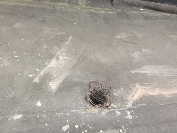 ▲位于天台的雨水管道口上盖有铁丝网罩。