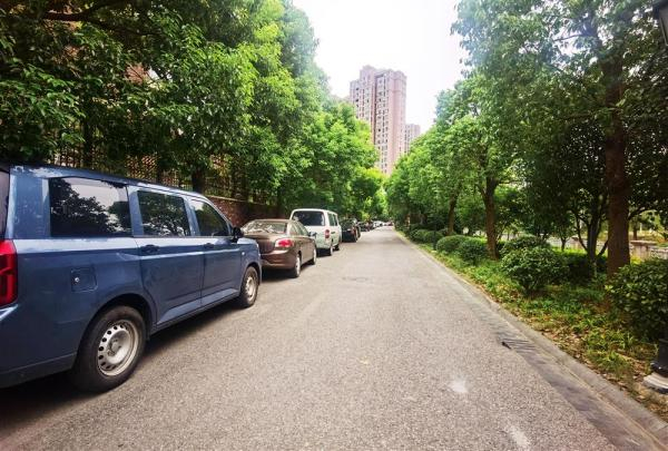 △别墅区内停车位紧张，占据了一半的道路资源。
