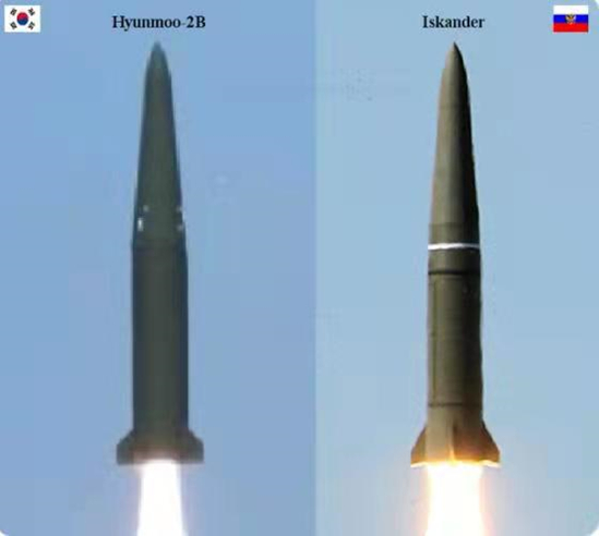 韩国“玄武-2B”导弹（左）与俄罗斯“伊斯坎德尔”导弹（右）