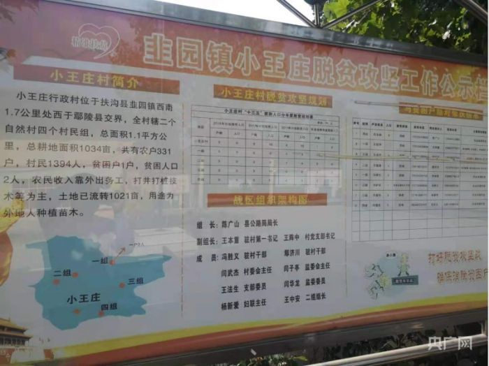 扶沟县小王庄村村委一宣传栏显示：小王庄行政村总耕地面积1034亩，土地已流转1021亩，用途为外地人种植苗木（央广网记者 汪宁 摄）