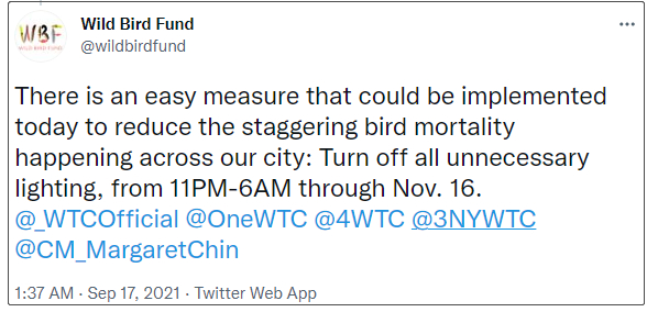 野生动物倡导者在推特上呼吁关闭城市不必要的照明。来源：推特截图
