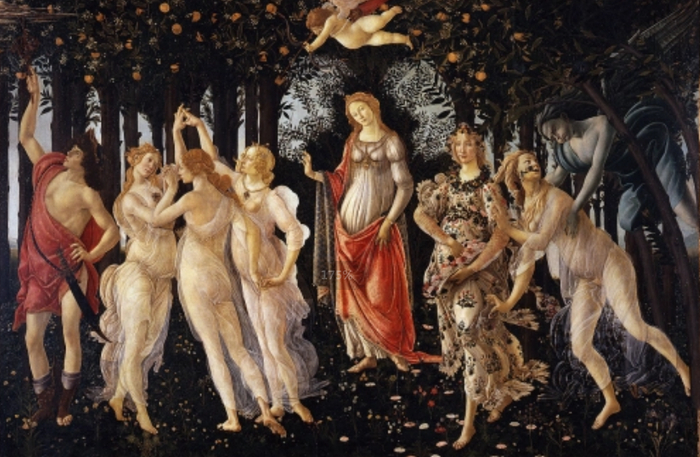 ▲《春》是意大利画家桑德罗·波提切利创作于1482年的名画。他以诗人波利蒂安歌颂爱神维纳斯的长诗为主题，为美第奇别墅所画。