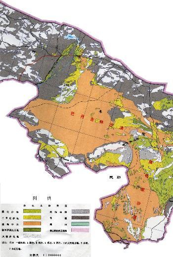 ↑2002年6月的一张卫星监测地图显示，巴丹吉林沙漠和腾格里沙漠已有三处“握手”。图源：新华社