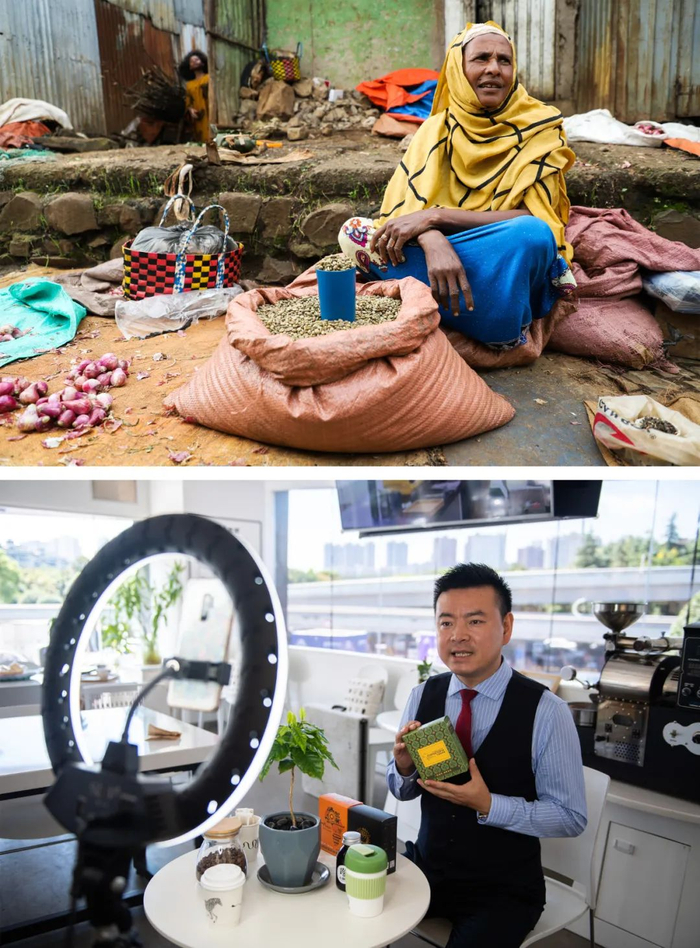 上图：9月22日，在埃塞俄比亚奥罗米亚州戈马地区的一个市场，农民在售卖咖啡豆。新华社发（迈克尔·特韦尔德 摄）