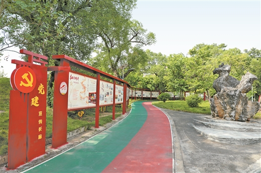 樟村党建宣传专栏围绕公园而建，方便村民休闲时阅读。张庆杰 摄