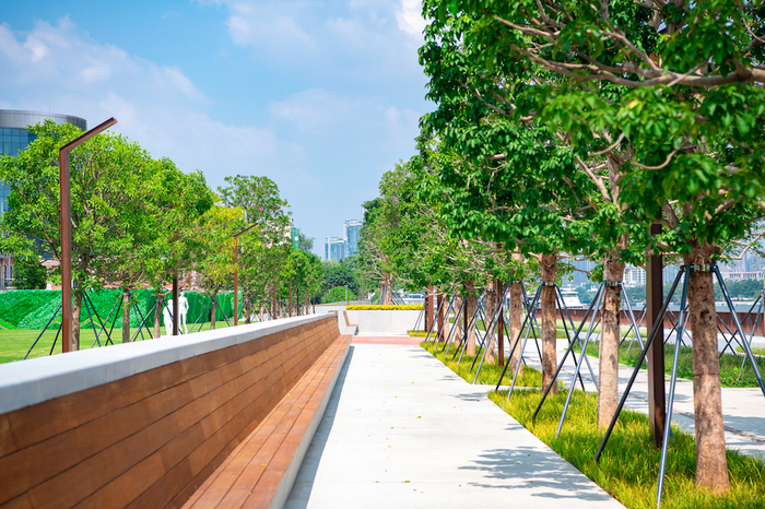 上图为20 世纪50年代矗立于珠江江畔的粮仓活化中拆下来的部分红砖成为沿江碧道的原材料，碧道边上有吧台，有休闲座椅，它们还是防汛墙。