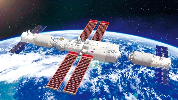 图为天舟三号与空间站天和核心舱对接模型图。 （图片来源：视觉中国）