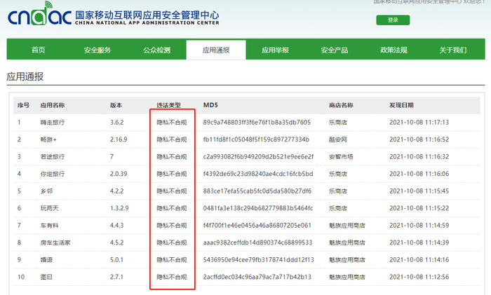 国家移动互联网应用安全管理中心官网公布的APP名单（部分）截图。