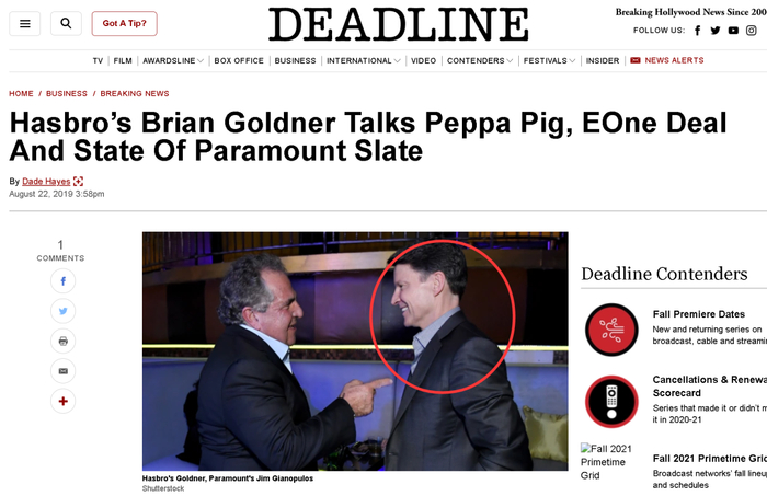 （图为2019年时外媒报道“孩之宝”公司在戈德诺的领导下收购了拥有小猪佩奇等动画IP的加拿大公司Entertainment One） 