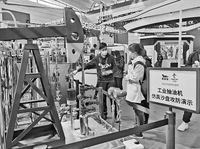 博览会现场观众参观工业抽油机仿真沙盘攻防演示&nbsp;李政葳摄/光明图片