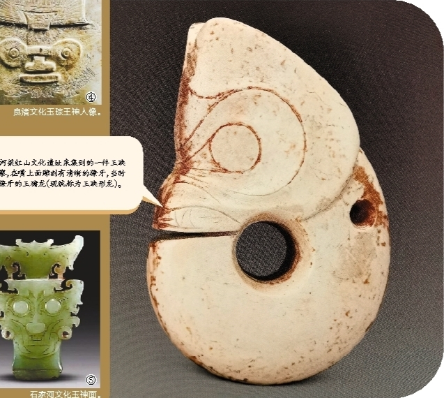  右图为牛河梁红山文化遗址采集到的一件玉玦形龙。仔细观察，在嘴上面雕刻有清晰的獠牙，当时被专家称为带獠牙的玉猪龙（现统称为玉玦形龙）。