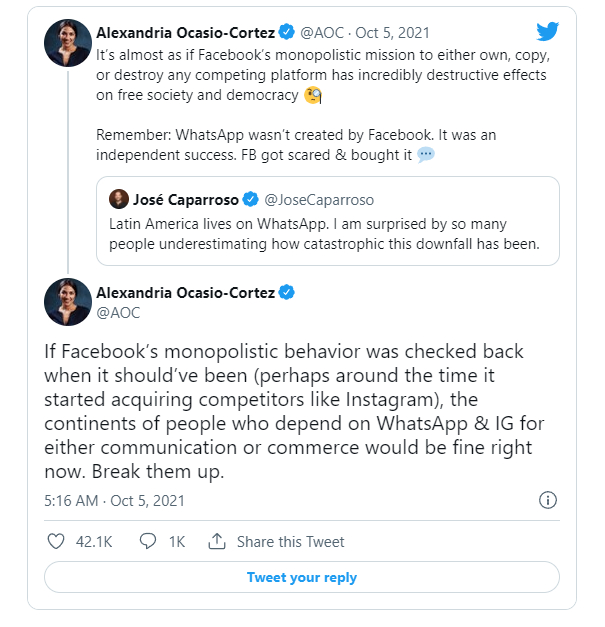 ↑美国民主党议员奥卡西奥-科尔特斯称脸书“对自由社会和民主有着难以置信的破坏性影响”。