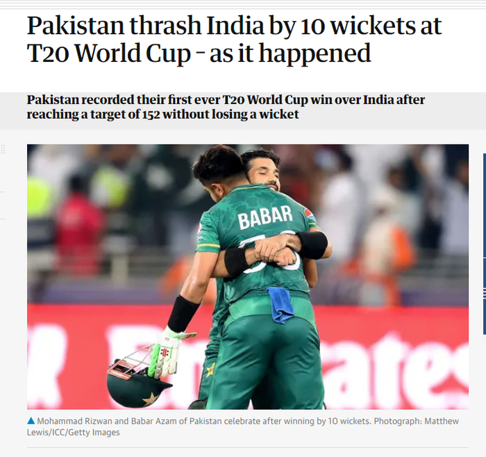 英国《卫报》关于T20比赛报道截图