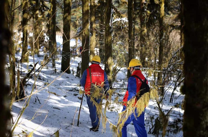 △四川乐山输电运检党员突击队在蓑衣领开展线路巡视。