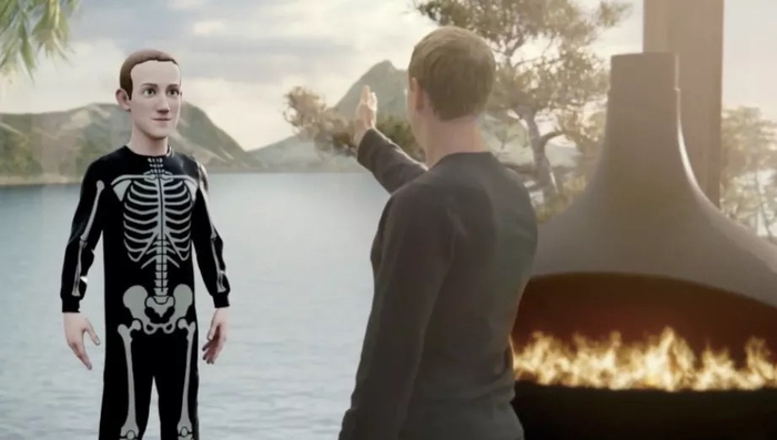 Facebook元宇宙宣传片中，扎克伯格和元宇宙中自己的形象对话。