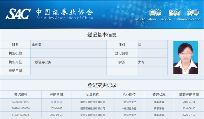 ▲ 硕晟科技董事王莉斐在中证协登记资料